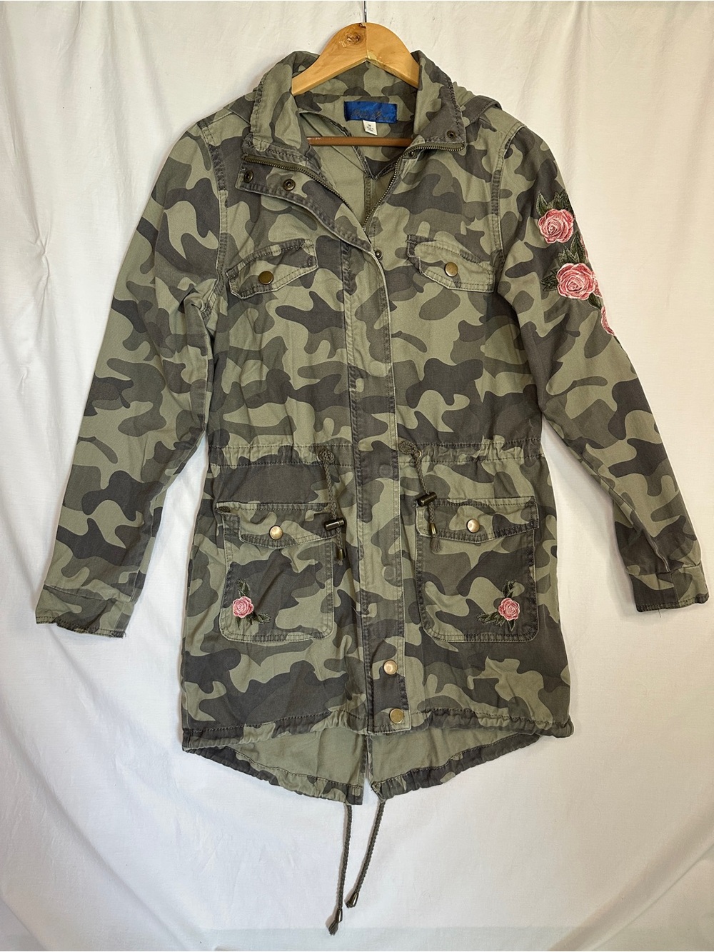 Blue Rain Camouflage Utility Jacket with Pink Rose Embroidered Appliqués